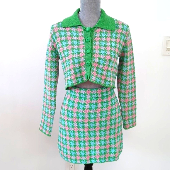 ZARA Houndstooth Knit Crop Cardigan & Skirt Set 2 pc S pink green mini skirt NEW - Picture 2 of 16